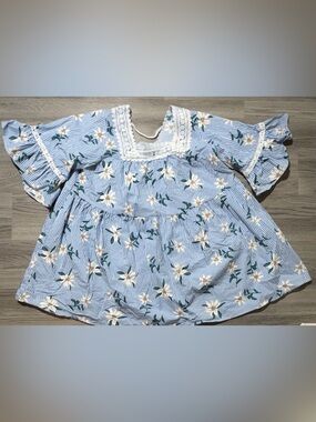 Topfeeling Ladies Floral Stripe Peasant Blouse Womens Medium Blue Cottagecore
